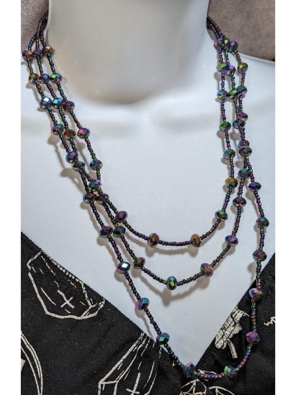 Iridescent Glass Beaded Necklace Multi Strand Oil Slick Statement Jewelry